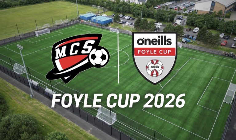 Maiden City Soccer and O'Neills Foyle Cup 2026 badges over the Lisneal College 4G pitches