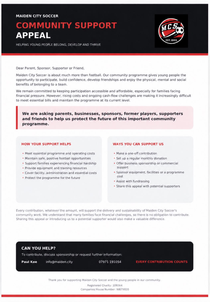 Maiden City Soccer community support appeal: helping young people belong, develop and thrive. Contact Paul Kee at info@maiden.city or 07971 191054.
